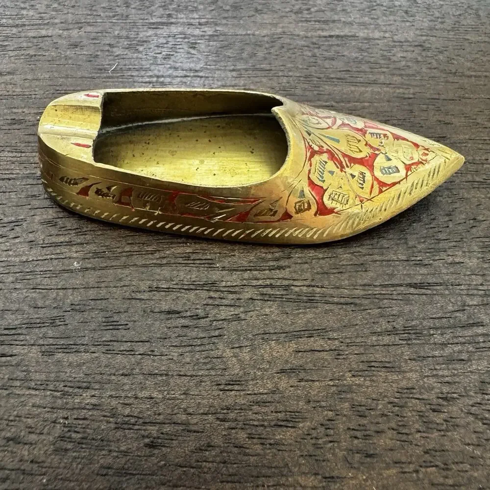 Vintage Brass Shoe Ashtray Hand Etched Red Slipper India Genie Aladdin